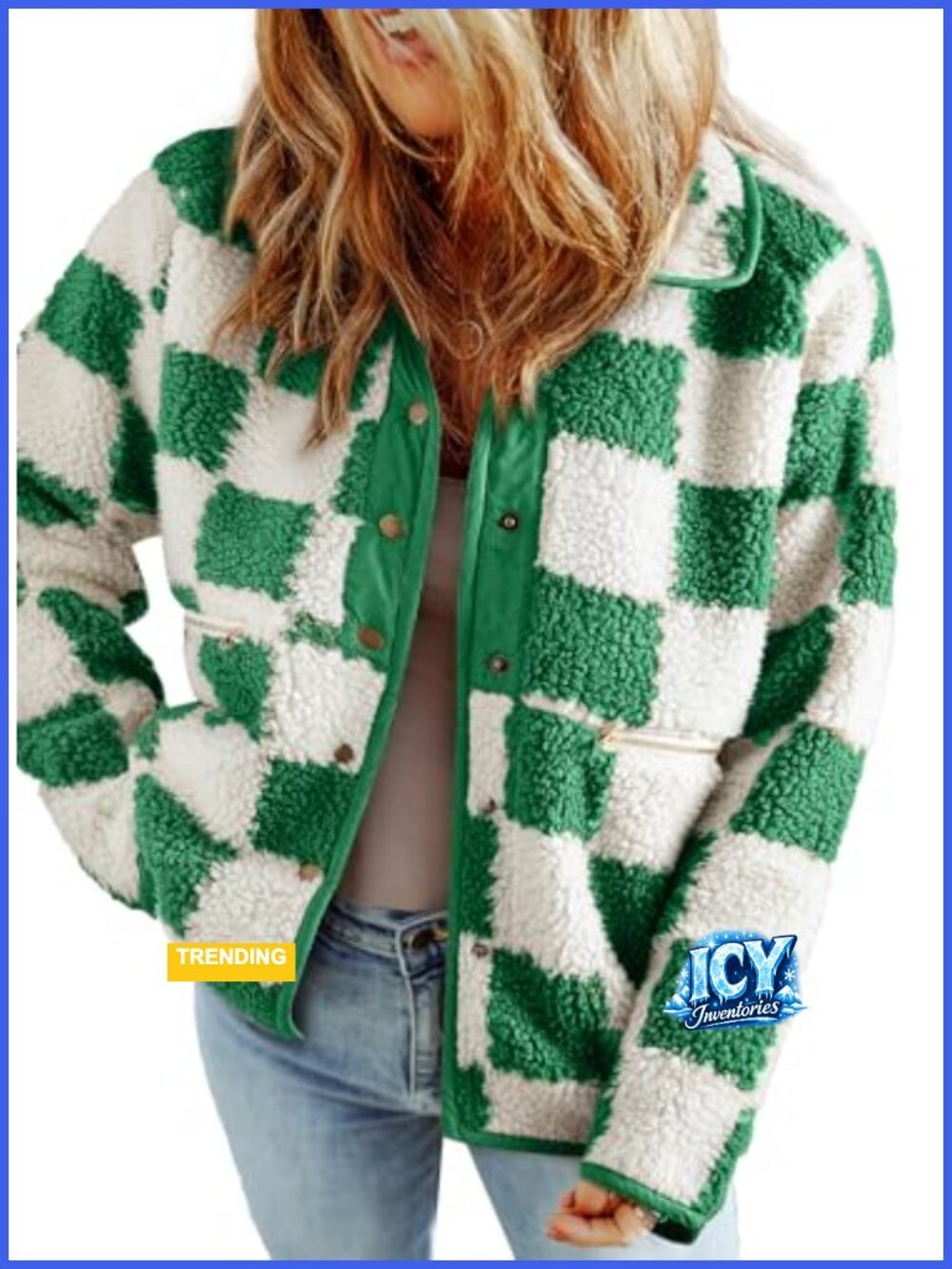 Womens Sherpa Fleece Jacket Loose Button Down Plaid Winter Coat